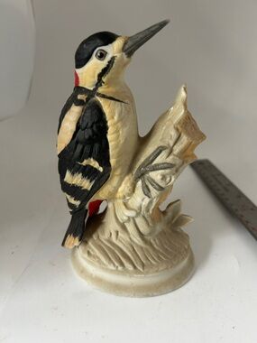Hand-Painted Woodpecker Bird Figurine in Black, Cream and Red